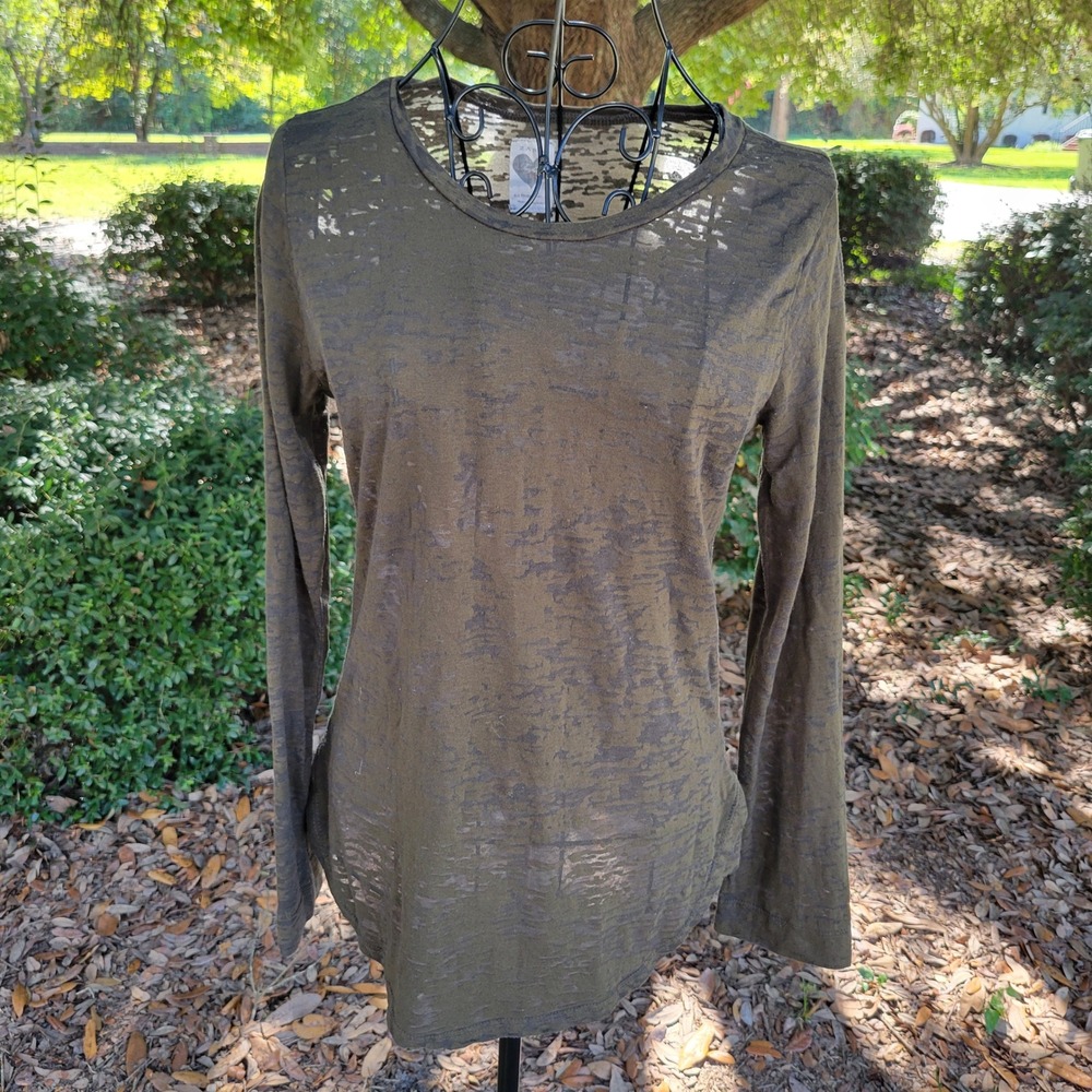 Zara M Long Sleeve Tee Green Burnout Semi Sheer Layering Y2K Grunge Earthy Boho